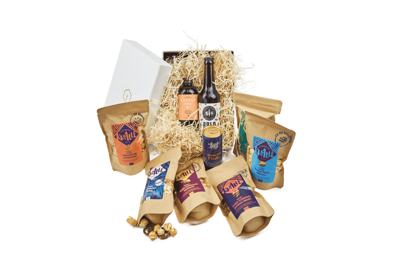 This box offers pure indulgence: a delicious Moscow Mule, a Happy Pils from BRLO, Cold-Brew Coffee and 6 different handmade varieties of popcorn.
